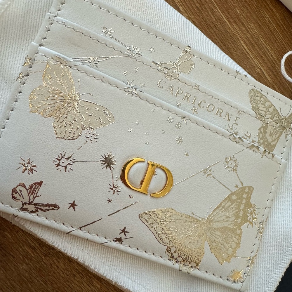 authentic Christian Dior Caro Card Holder butterfly White & Gold Calfskin NWT